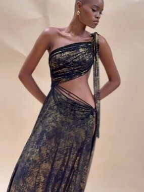 Black Metallic One-Shoulder Cutout Maxi Dress